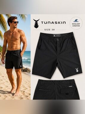 Tunaskin Boardshorts Mens 30 Black Surf Beach Fishing Hybrid Shorts Performance